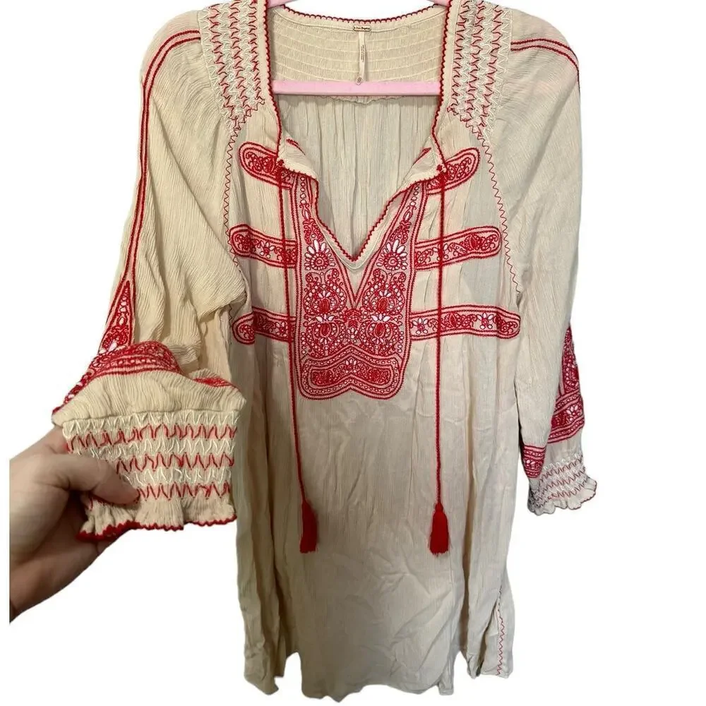 Free People Wind Willow Cashmere Dress Long Sleeve Mini Red Cream Size XS